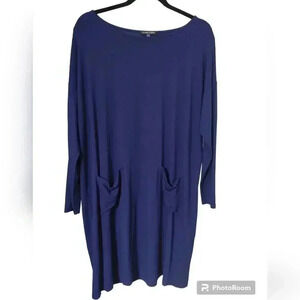 Eileen Fisher viscose/spandex knit front pocket midi long sleeve navy dress